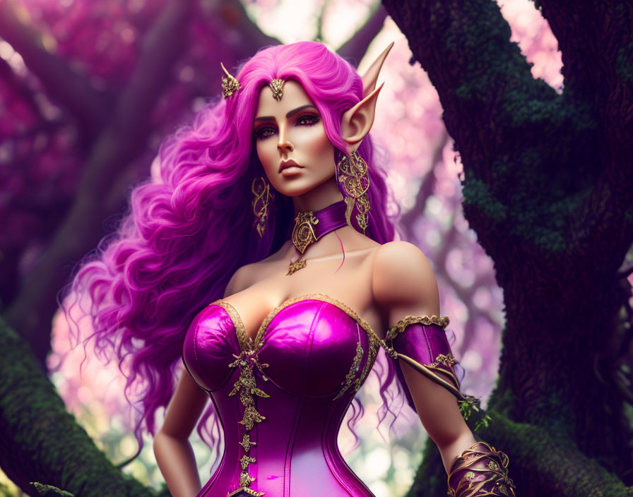 Fantasy elf with violet hair and gold jewelry in purple corset, posing in magical forest with pink