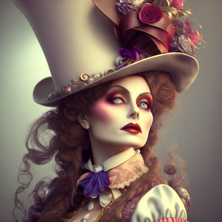 Woman with ornate makeup, stylish hat, roses, and jewelry in vintage fantasy style