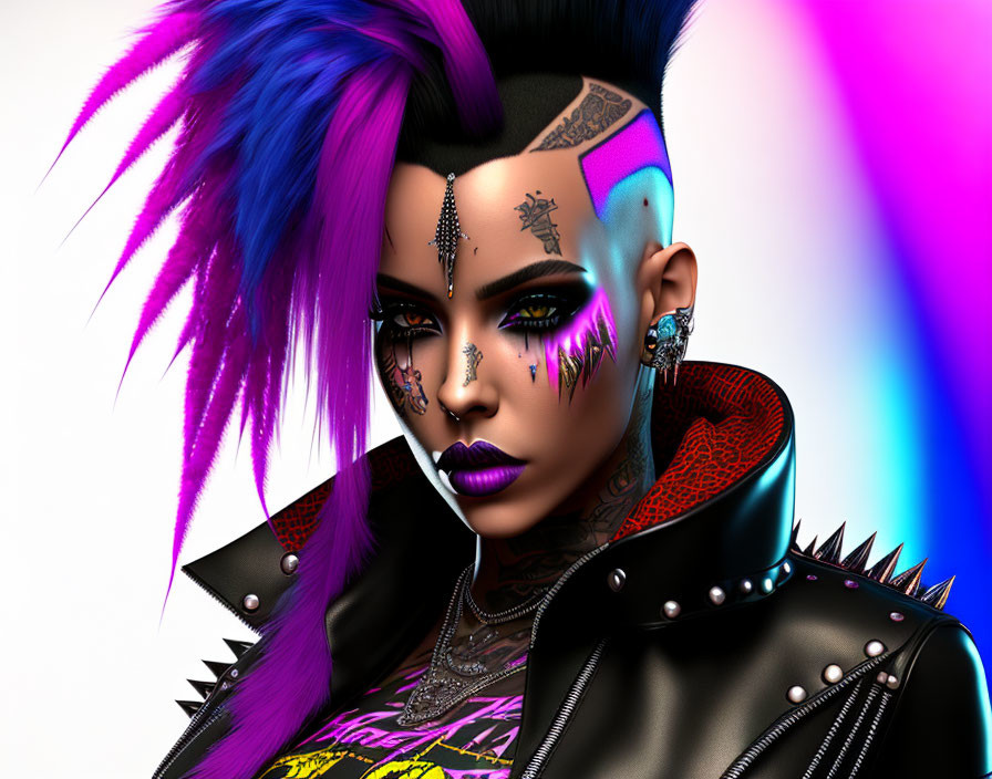 Digitally created character with punk aesthetic: blue and purple hair, edgy makeup, facial pierc