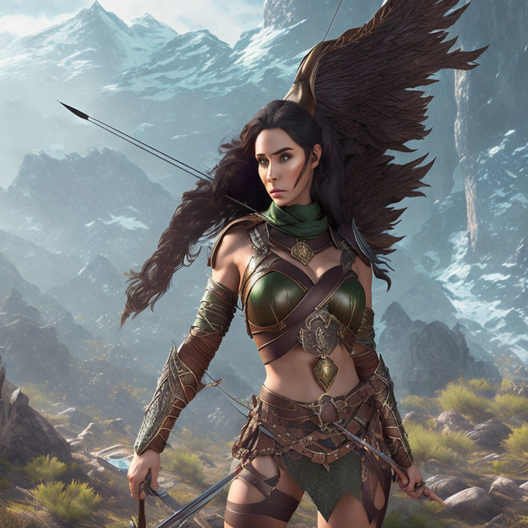 Dark-haired female warrior with feathered shoulder armor and green scarf in mountainous terrain