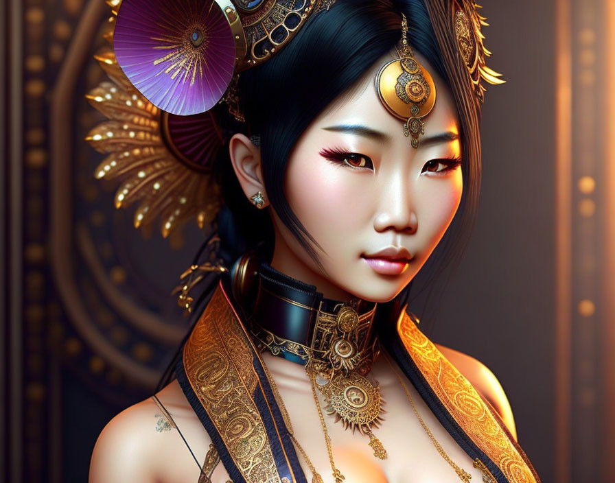 Digital art portrait of woman with gold jewelry, ornate headdress & Asian features