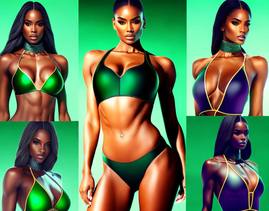 Collage of Woman in Green Bikini with Statement Choker