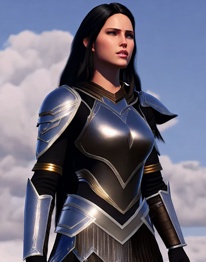 Female warrior digital artwork: long black hair, stylized silver armor, cloud-filled sky.