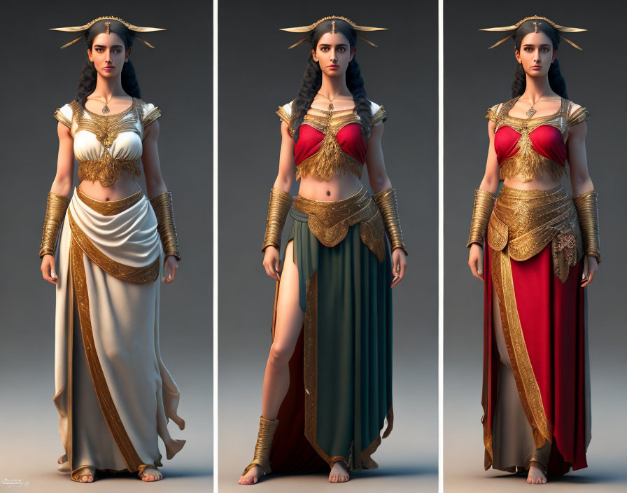 Three 3D Rendered Female Character Poses in Ancient Greek Attire