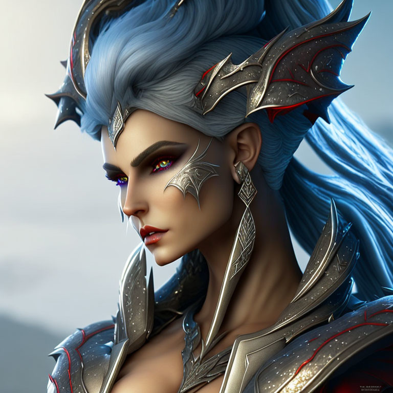 Fantasy digital artwork of female character with blue hair and intricate armor under moody sky