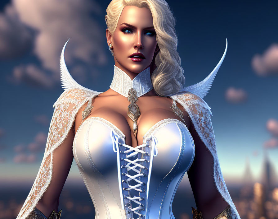 Blonde fantasy character in white corset with blue eyes against cloudy sky