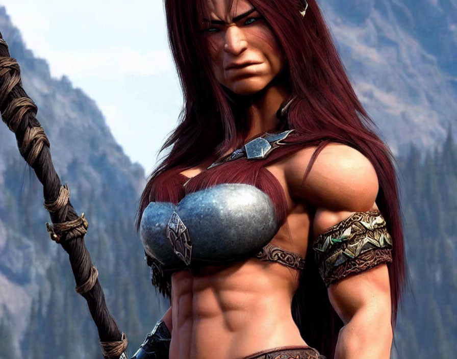 Muscular animated character with red hair and hammer in tribal attire in mountainous scene