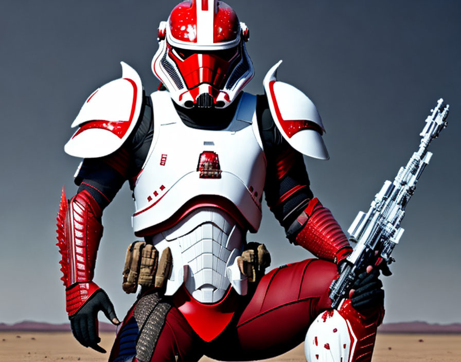 Detailed Red and White Futuristic Armor Suit in Desert Setting