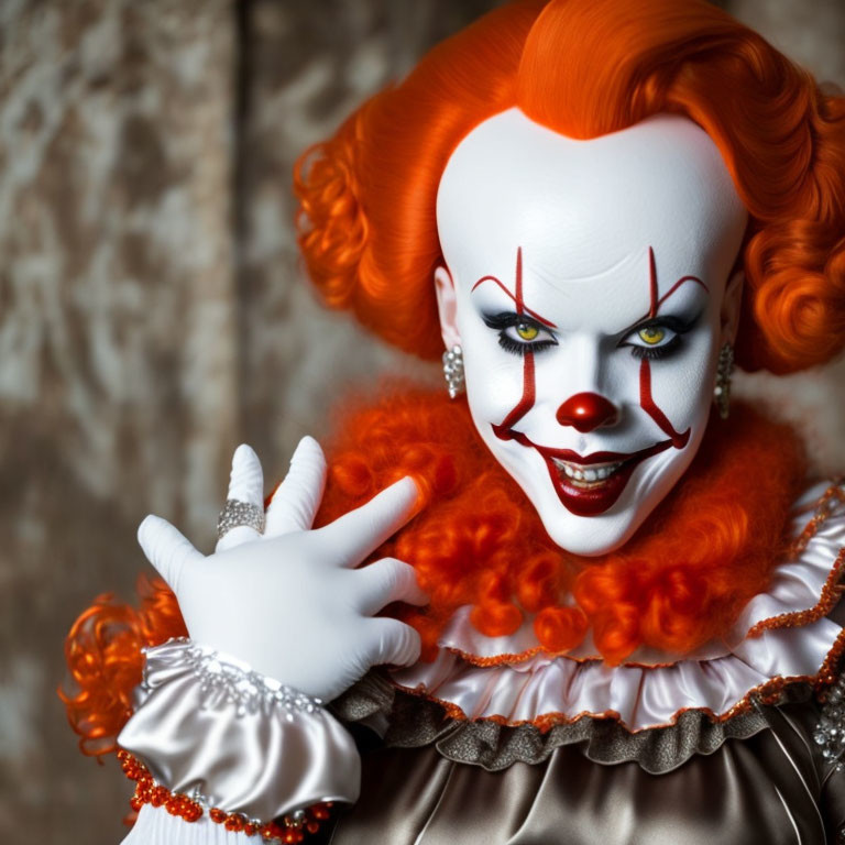 Close-up of a clown with red hair, white face, red nose, and ruffled collar