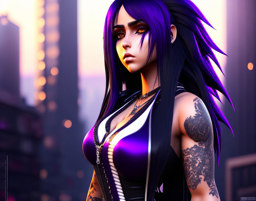 Purple-haired woman with tattoos in cityscape at dusk in black and purple outfit