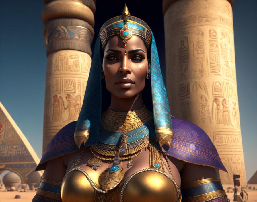 3D rendering of ancient Egyptian queen with traditional attire and pyramids background