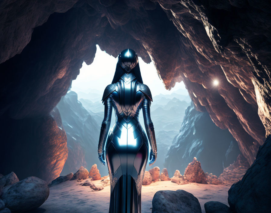 Futuristic female robot at cave entrance with rocky landscape