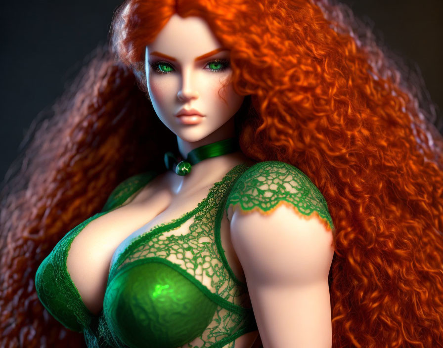 3D rendering of woman with red hair, green eyes, lace garment & choker