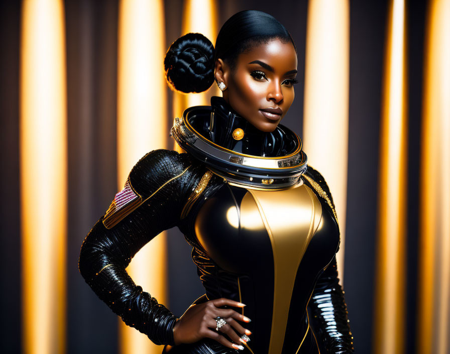 Futuristic black and gold bodysuit on elegant woman posing confidently