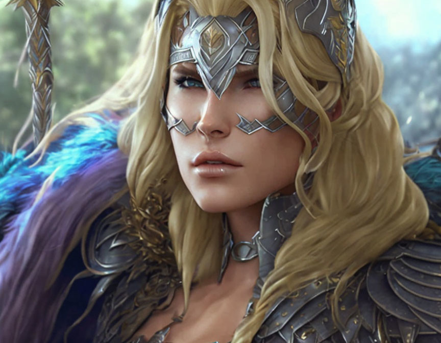 Blonde Female Warrior in Silver Armor and Fur Details