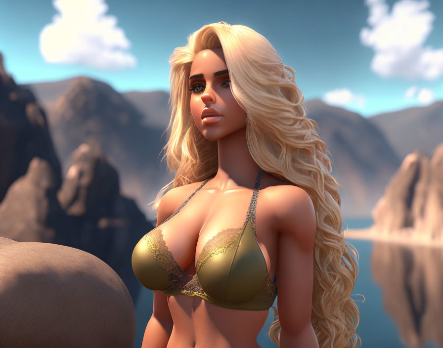 Blonde woman in green bikini by mountains and water