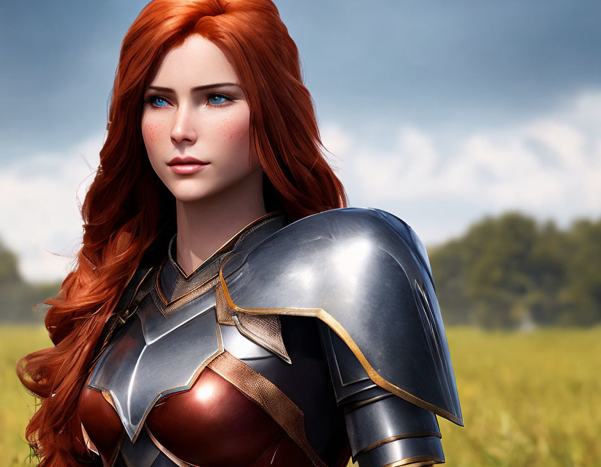 Red-haired woman in medieval armor on grassy field - Digital Art