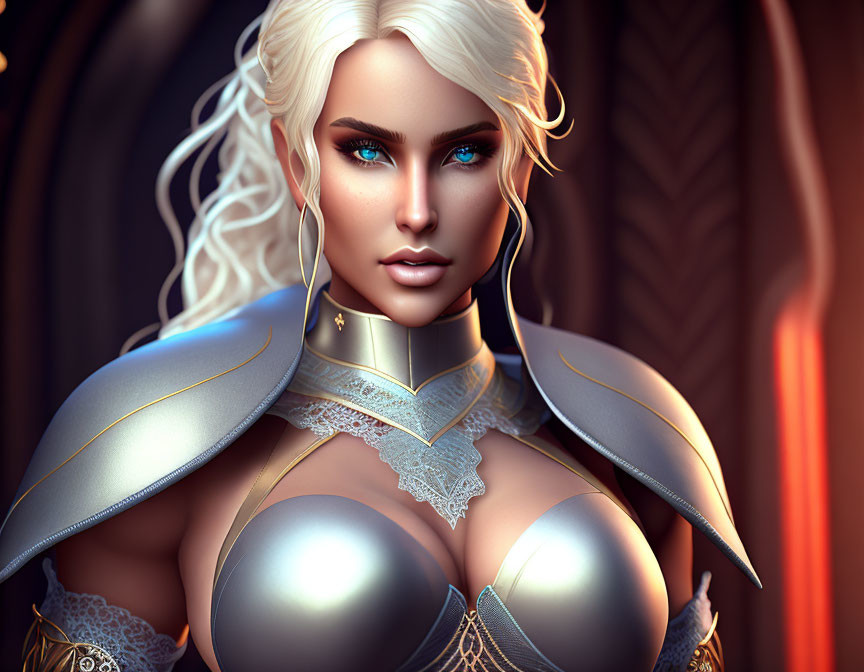 Fantasy female character with blue eyes and platinum blonde hair in silver and gold armor