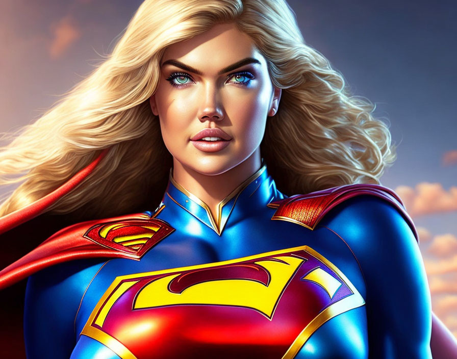 Blonde Female Superhero in Blue Suit with Red Cape