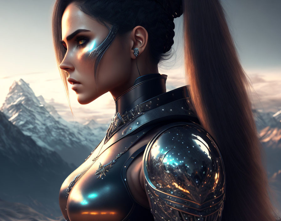 Female Warrior in Futuristic Black Armor with Glowing Blue Details on Mountainous Dusk Background