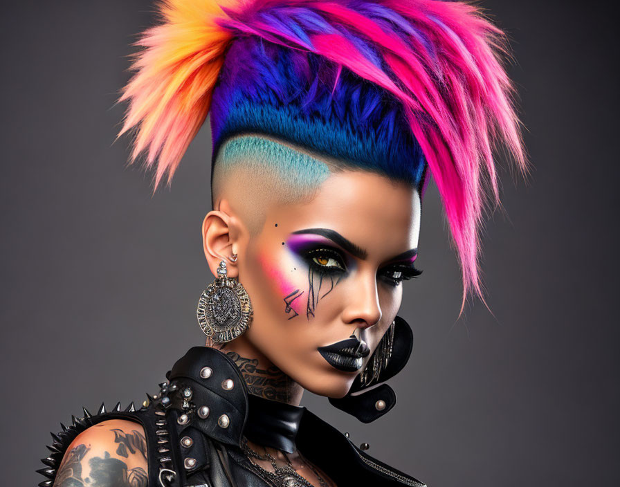 Colorful Mohawk Hairstyle with Bold Makeup and Gothic Accessories