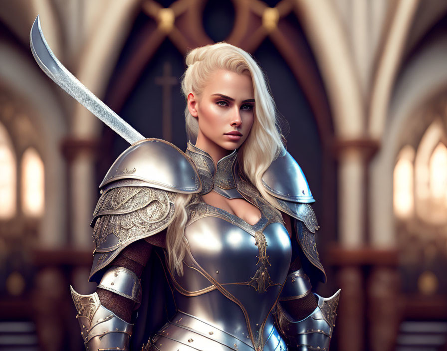 Blonde woman in medieval armor with sword in church-like setting