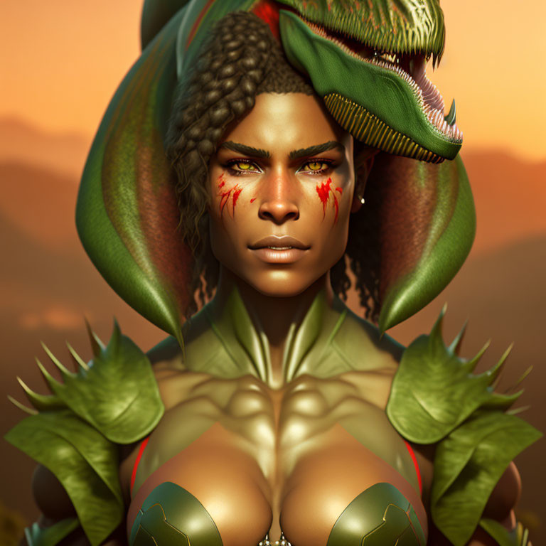 Digital artwork featuring woman with dragon-like features and green skin, accompanied by scaly creature on shoulder,