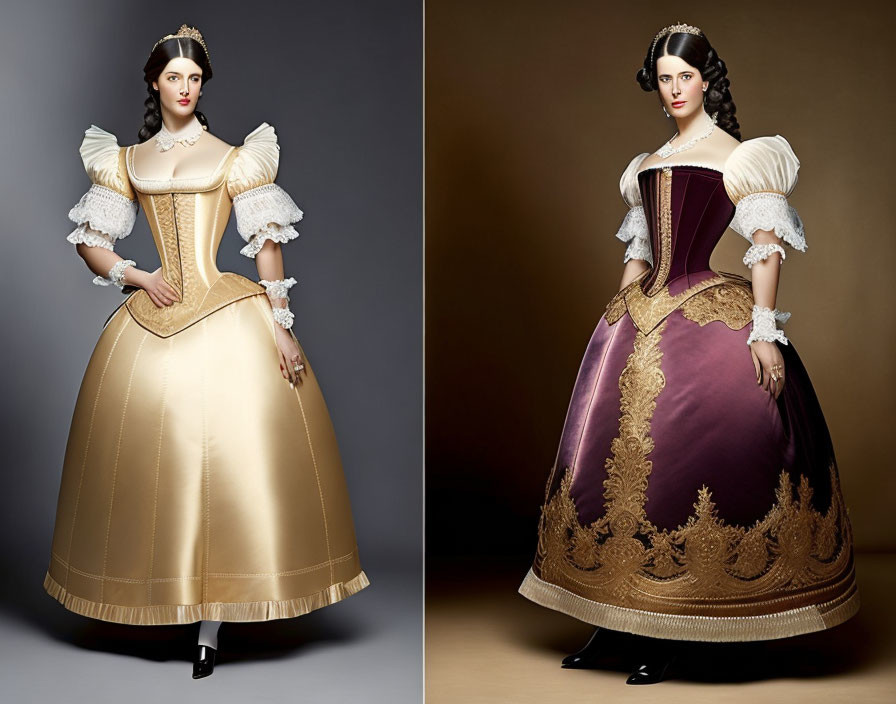 Elaborate period doll dresses in gold, cream, purple, and black on grey backdrop