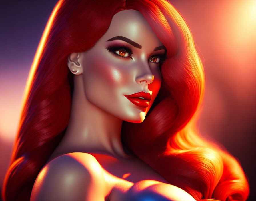 Vibrant red hair and lipstick in digital portrait with high-contrast lighting