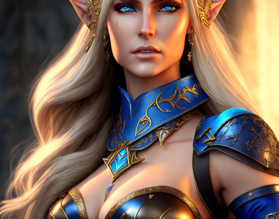 Elven warrior in golden-blue armor with blue eyes and elegant jewelry