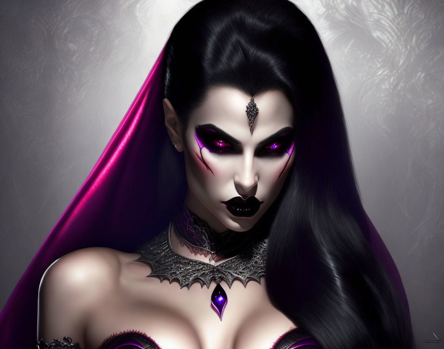 Fantasy Female Character Illustration with Sharp Features and Dark Makeup