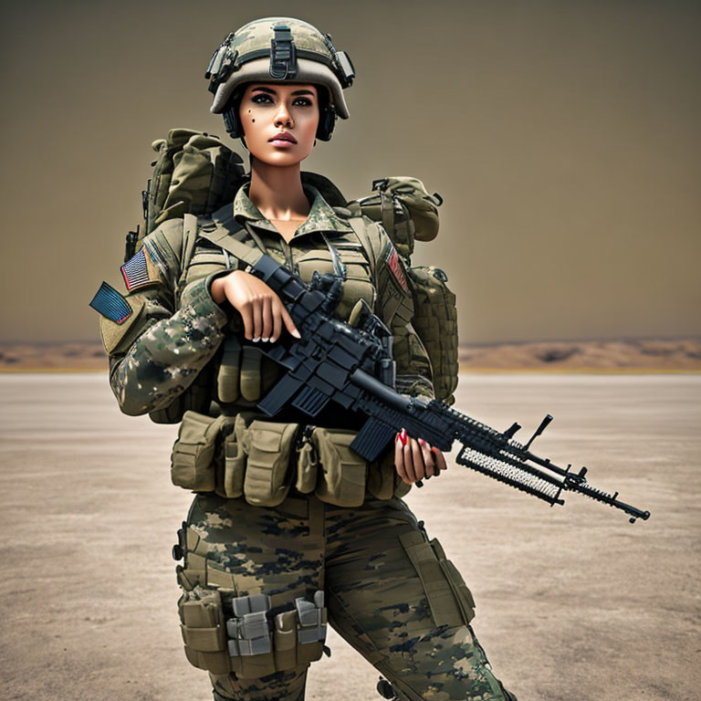 Camouflaged soldier with rifle in desert landscape