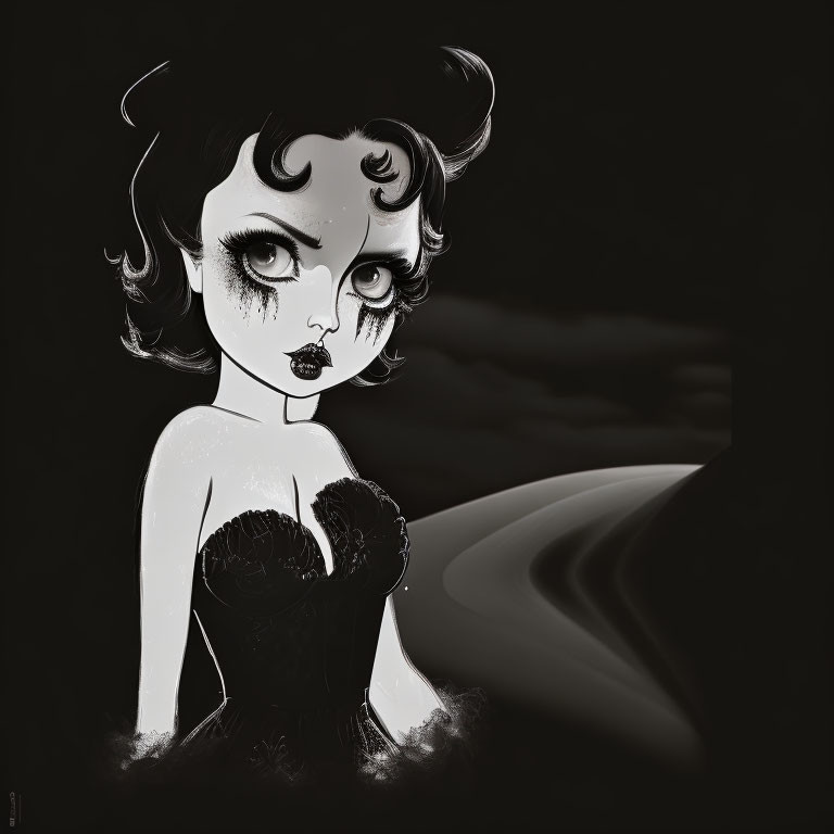 Monochrome stylized female character with large eyes and vintage hairstyle in dark corset and skirt against shadow