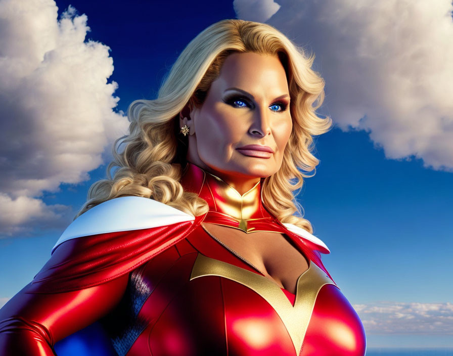 Blonde Female Superhero in Red and Gold Costume Against Cloudy Sky