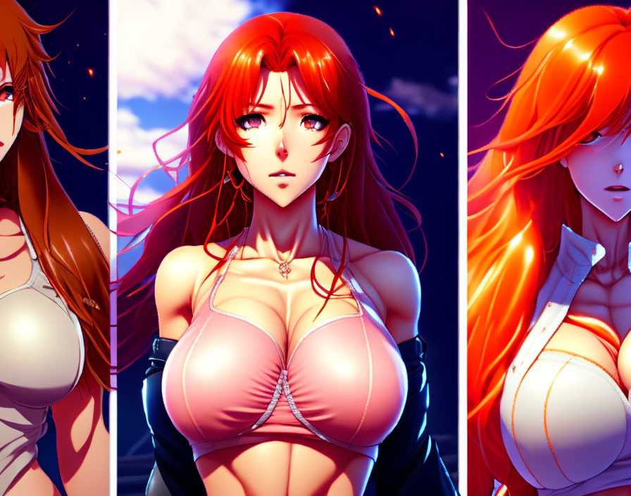 Stylized digital artwork: Woman with red hair and pendant in three panels