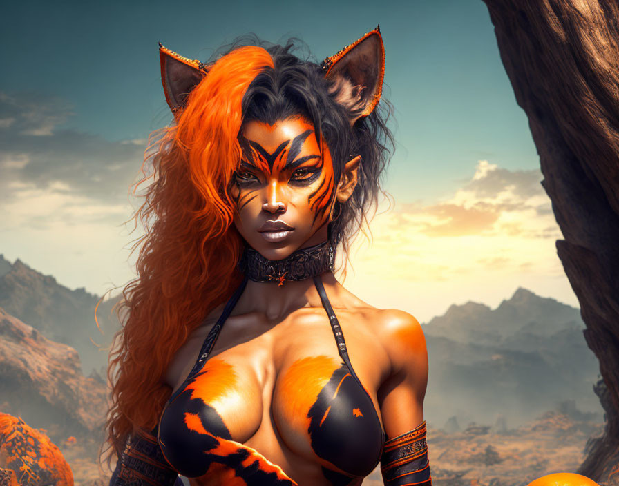 Fantasy image of woman with feline features in savannah setting