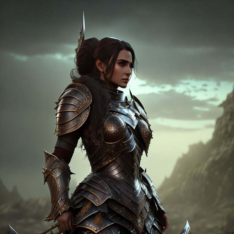 Female warrior in ornate armor against mountainous backdrop