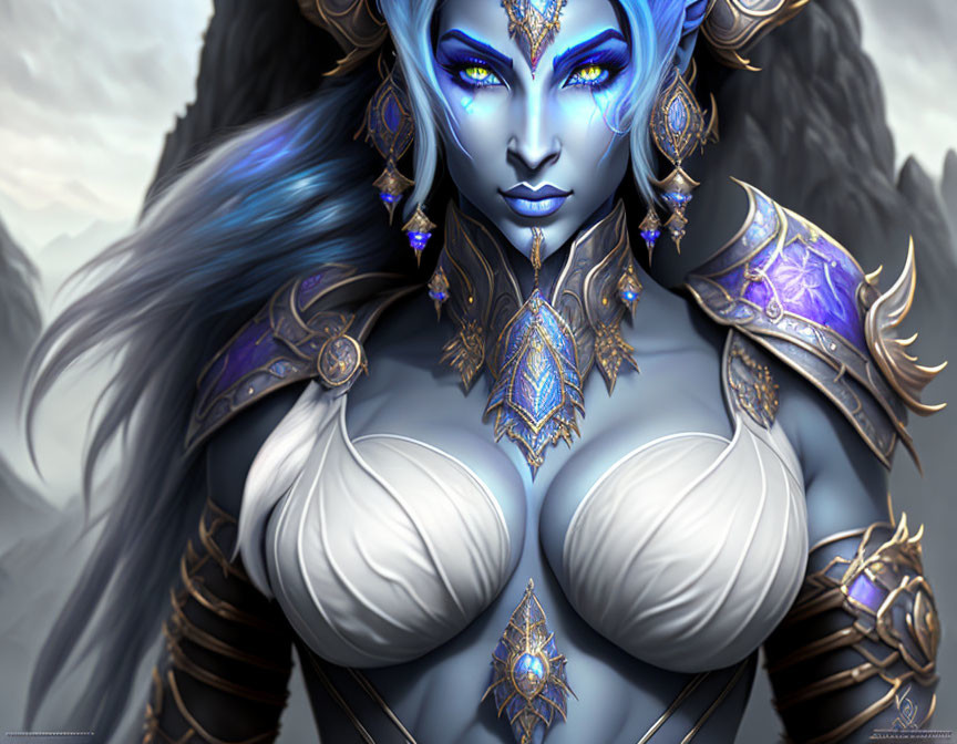 Blue-skinned female fantasy character in purple armor with horn-like adornments