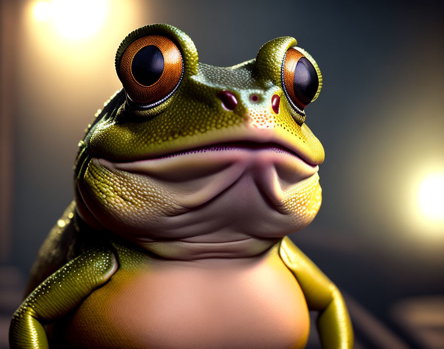 Detailed close-up of expressive frog with large eyes and textured chin.