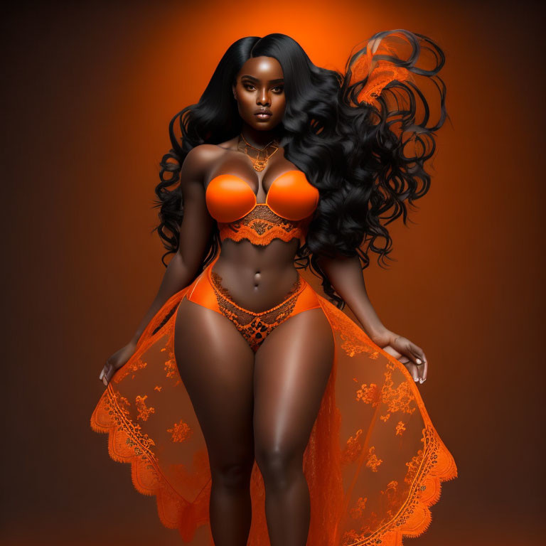 Dark-skinned woman in orange lingerie with flowing skirt and wavy hair.