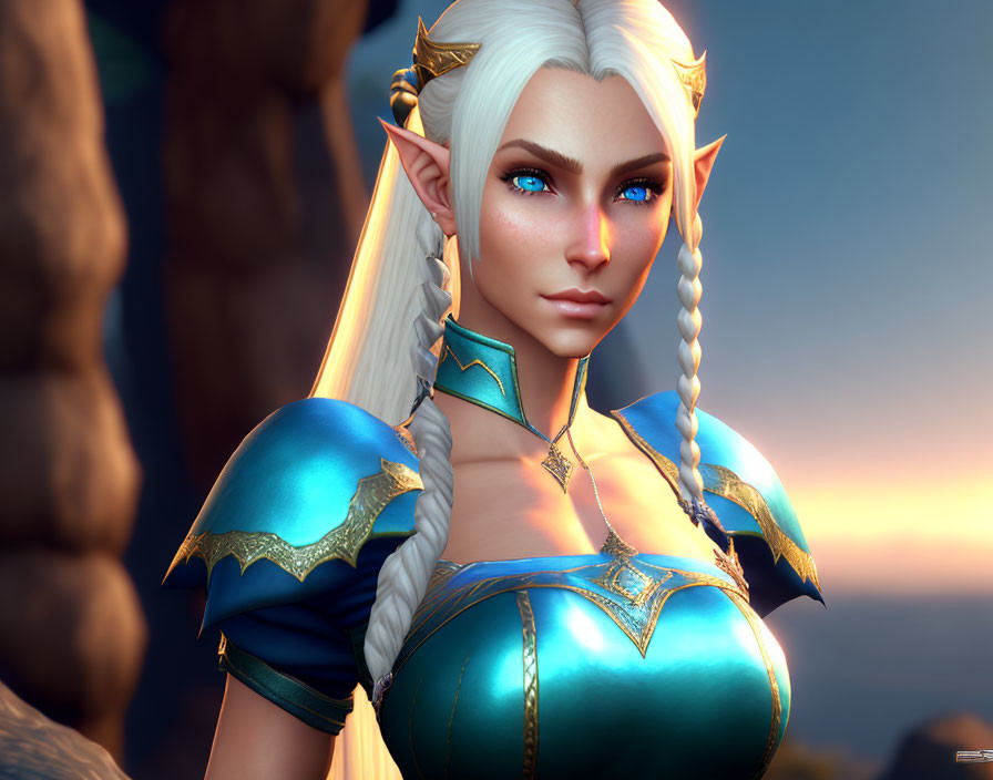 3D-rendered female elf with blue eyes, white hair, blue armor