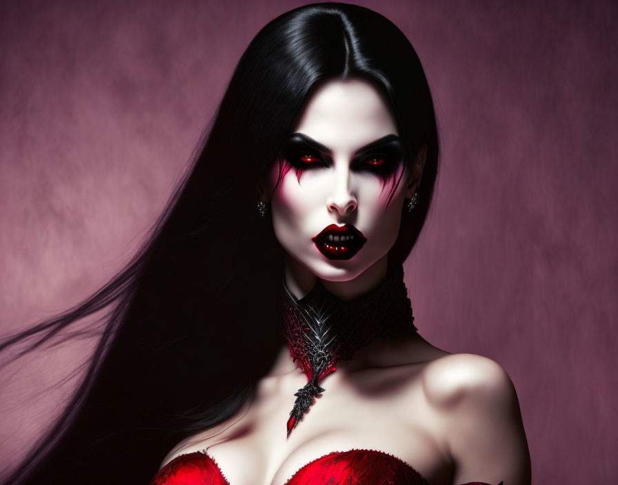 Person with vampiric makeup, red eyes, black hair, red and black outfit, gothic