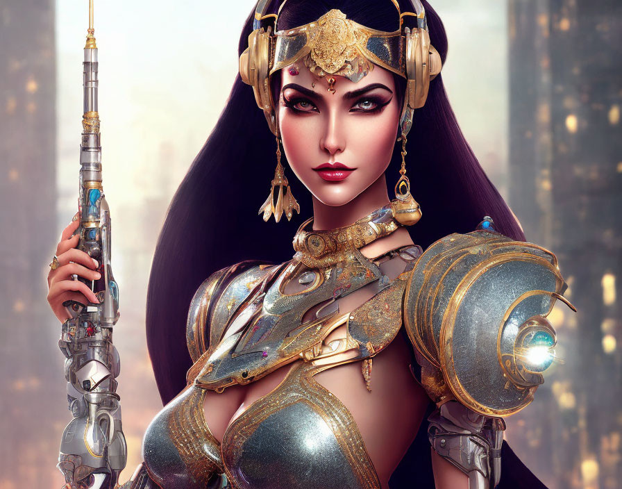 Female warrior in golden armor with rifle in futuristic setting