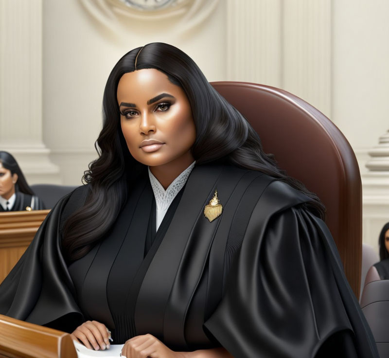 Digital illustration of stern female judge in traditional black robe with lace collar and golden brooch