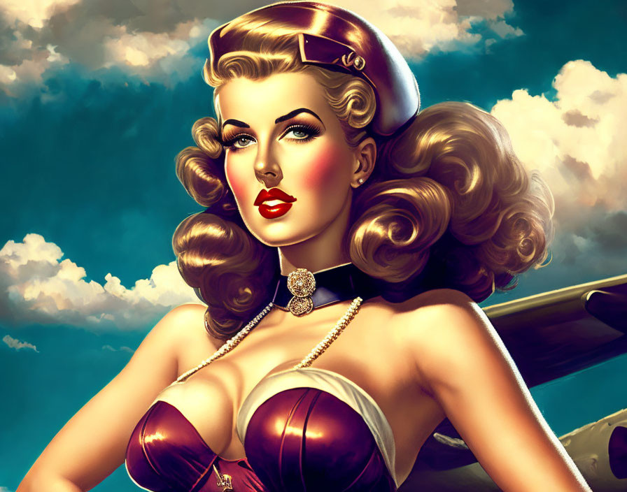 Vintage pin-up girl illustration with wavy hair, purple outfit, and flight cap in sky setting.