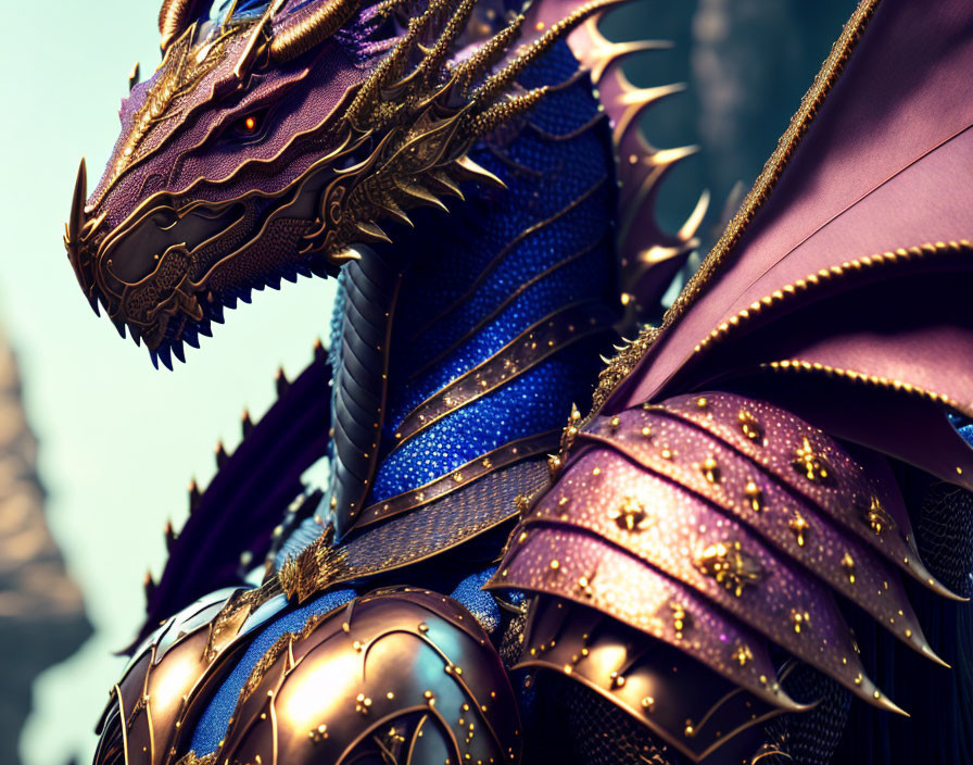 Majestic dragon with blue and purple scales and golden trim