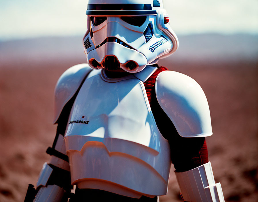 Detailed view of Stormtrooper helmet and upper armor in desert setting