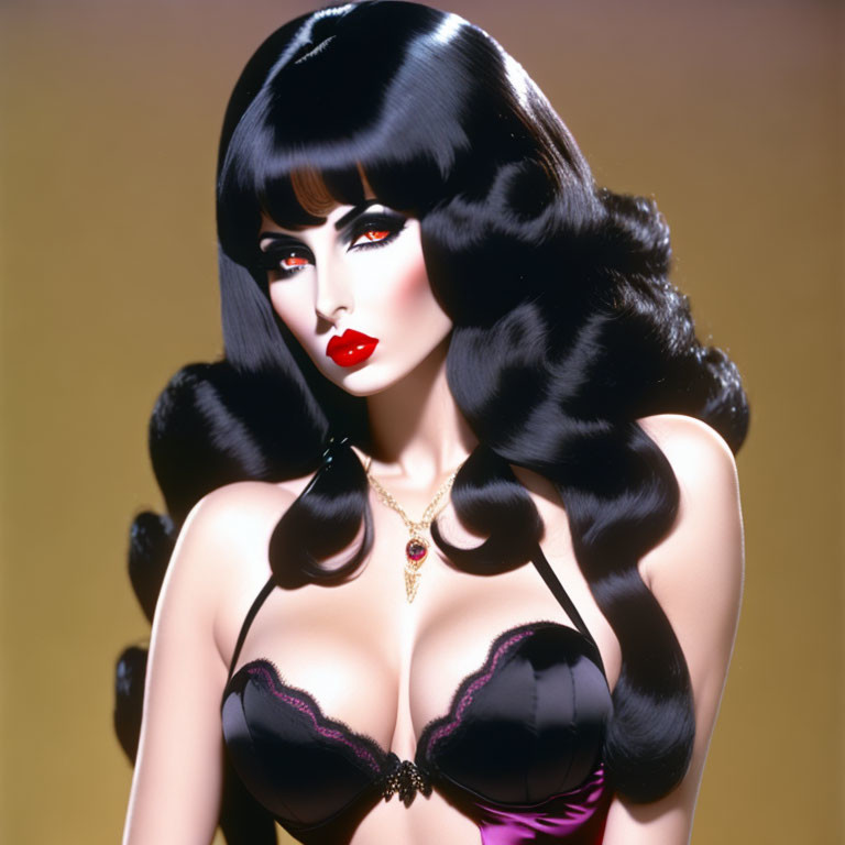 Detailed illustration of woman with voluminous black hair, purple and black bustier, heart-shaped necklace.