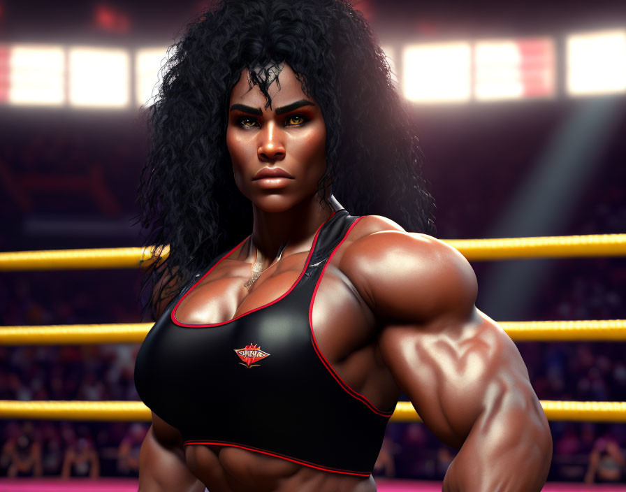 Muscular Female Wrestler with Prominent Biceps in Ring Under Bright Lights