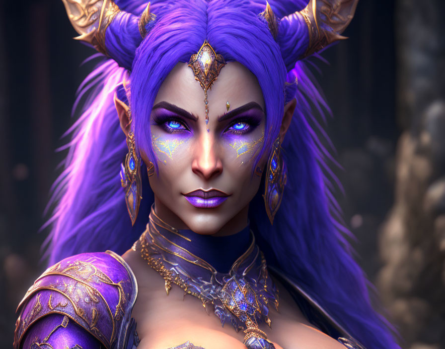 Fantasy Female Character with Purple Skin and Golden Armor